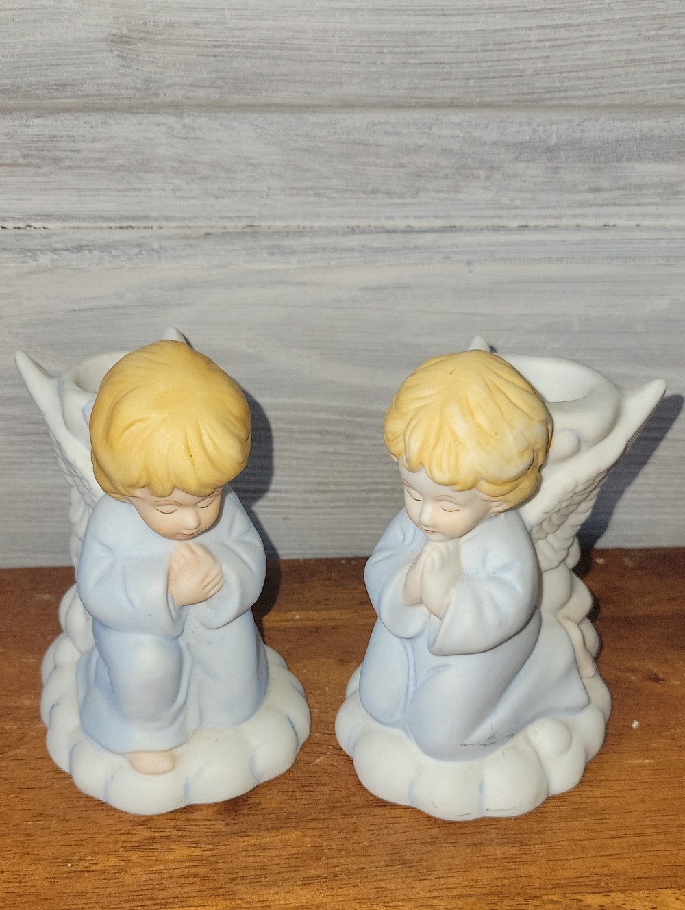 Porcelain Praying Angel Figurines Pair in Light Blue Candle Holders